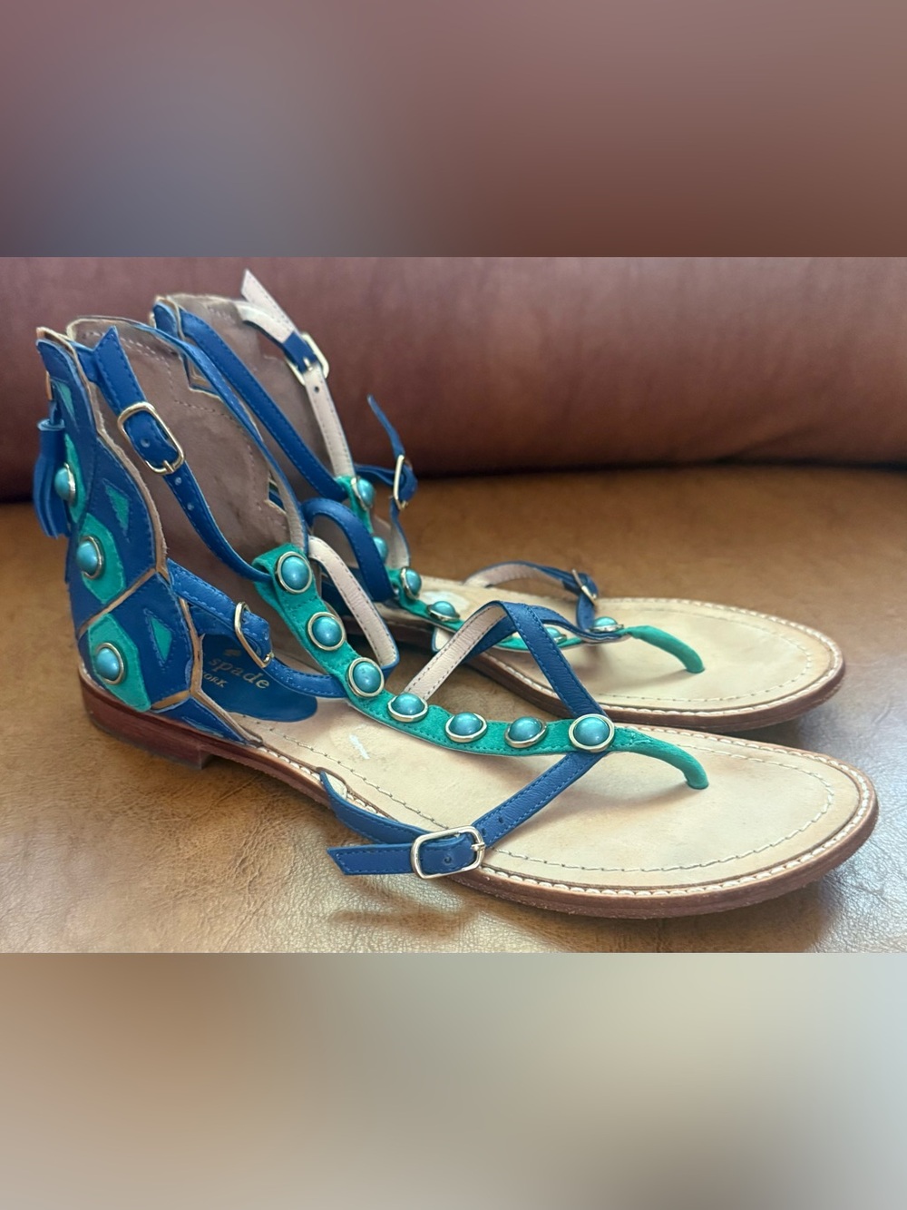 Kate Spade New York Soto Flat Sandals Blue Green Studded Leather Size 7.5 - Picture 2 of 10